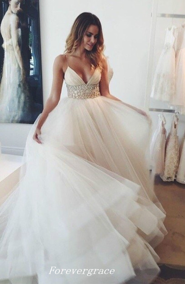 Romantic Spaghetti Strap Beaded Waist Wedding Dress A-Line Long Women Bridal Party Gown Plus Size Vestido De Noiva Longo