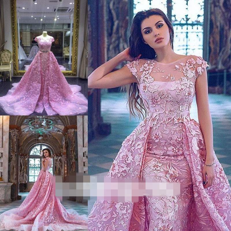 Princess Pink Mermaid Prom Dresses With Detachable Train Illusion Jewel Neck Short Sleeve Lace Appliques Formal Evening Dresses Gown Custom, Fuchsia
Princess Pink Mermaid Prom Dresses With Detachable Train Illusion Jewel Neck Short Sleeve Lace Appliques Formal Evening Dresses Gown Custom, Fuchsia