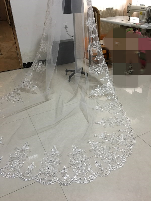 100% Real picture White Ivory Wedding Veil One Layer Lace Edge Cathedral Length Beaded Bridal Veil With comb