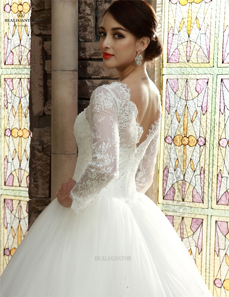 2017 Hot Sale Long Sleeves Lace Ball Gown Wedding Dresses Organza Appliques Cheap Vintage Plus Size Bridal Gowns BM25