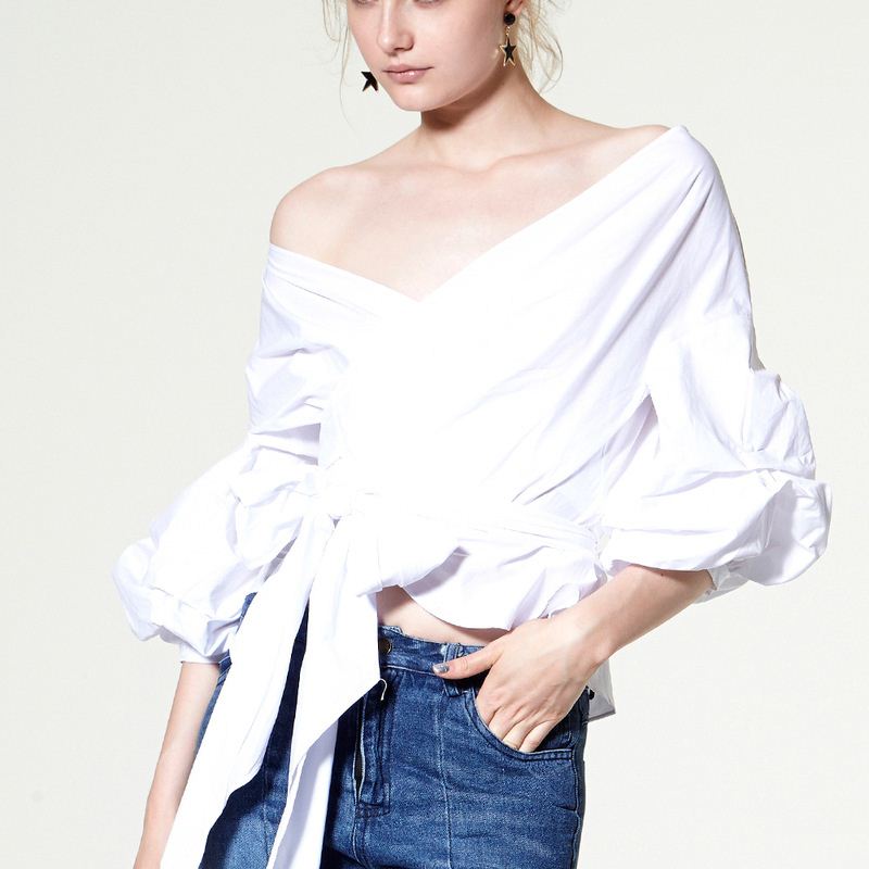 Summer Autumn 2016 New Korean Bow Lantern Sleeve Blouse Shirt V-neck Cotton Short-sleeved White Shirt Blouses Women Tops Blouse