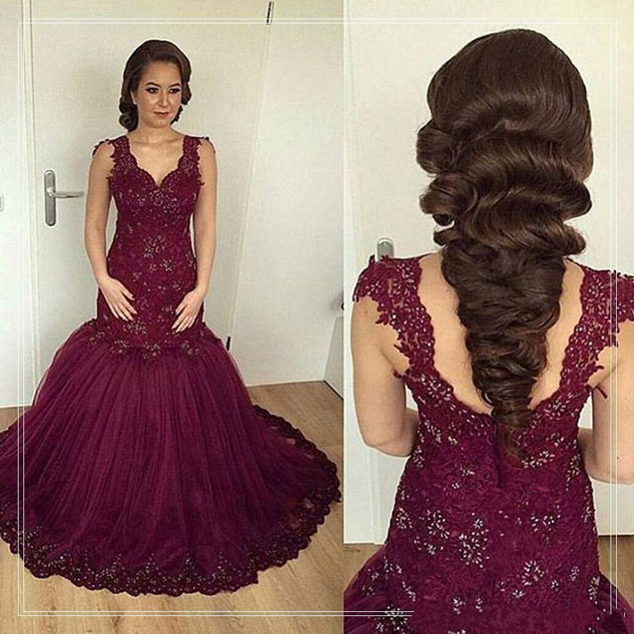 Arabic Style Burgundy Lace Mermaid Wedding Dresses Cap Sleeve Applique V Neck Beaded Crystal Sweep Train Wedding Bridal Gowns