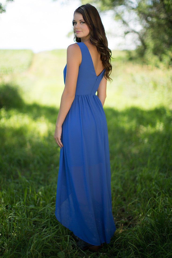 Blue High Low Lace Country Bridesmaids Dresses Bateau Neck Wedding Guest Dress Appliques Cheap Chiffon Maid Of Honor Gowns