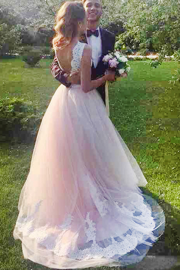 Lace Pink and White Wedding Dress A-line Lace-up Backless Sweep Train Tulle Vintage Garden Wedding Bridal Gowns