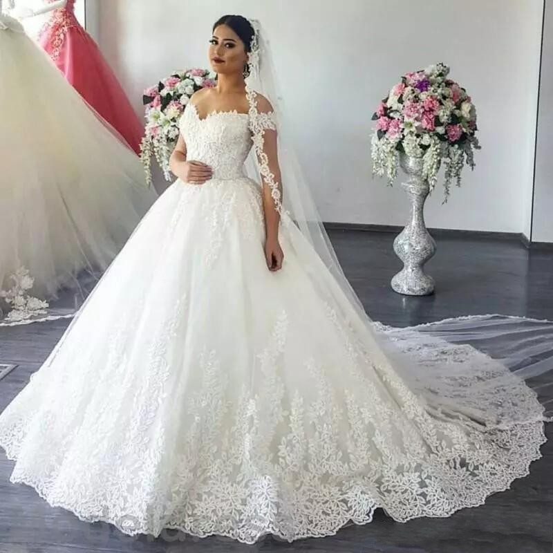 Cheap Modest Arabia Cap Sleeves Ball Gown Wedding Dresses Off Shoulder Dubai Lace Appliques Plus Size Court Train Formal Bridal Gowns