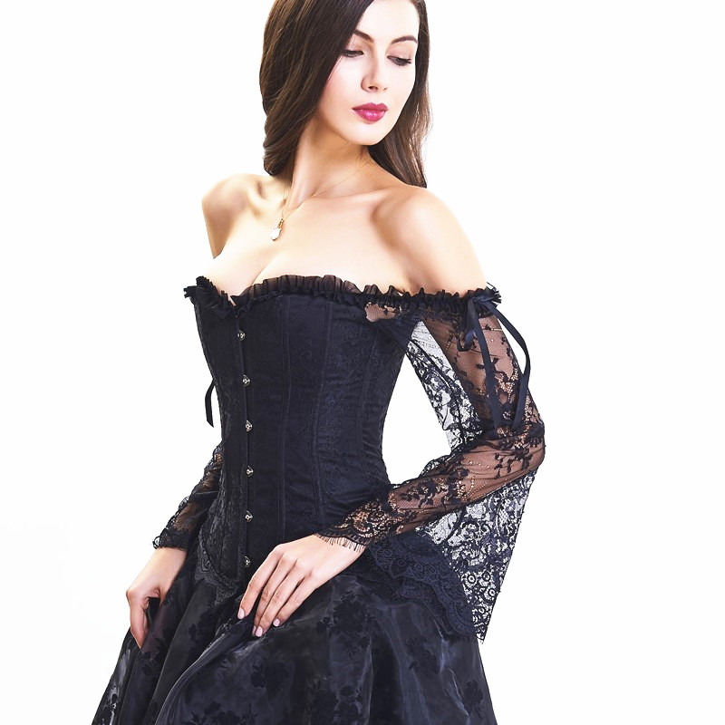 Halloween Victorian Floral Lace Long Flare Sleeve Lolita Ruffle Bridal Corset Push up Bra Bustier Burlesque Party Dancing Corset with Sleeve