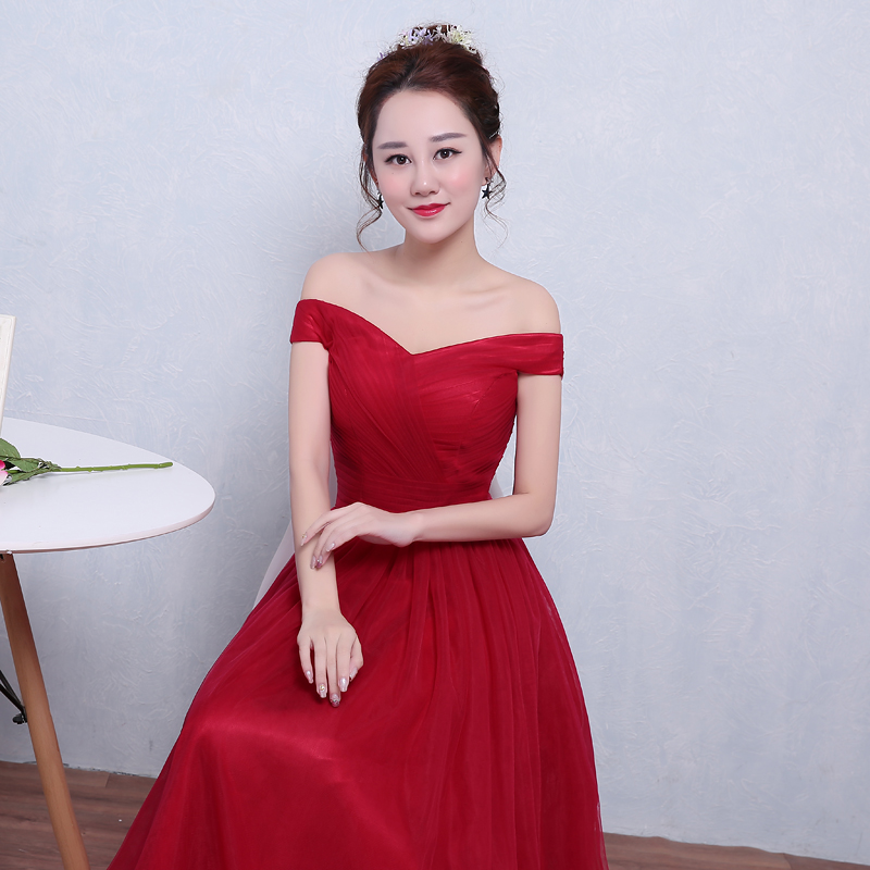 Elegant Burgundy Red Long Tulle Pleat Evening Dresses vestido longo festa Women dresses Off the Shoulder Formal Gowns Prom Dresses soiree