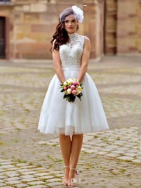 2020 Vintage Lace Wedding Dresses Short Boho Beach Cheap High Neck Backless Knee Length Bridal Gowns Vestido De Noiva 0228Lz