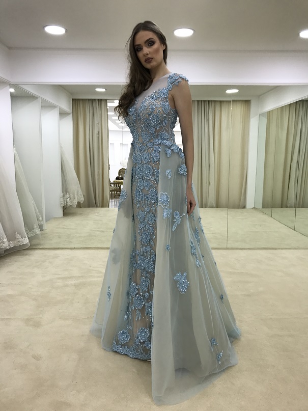 Elegant Beaded Overskirt Formal Dresses Evening Wear Sheer Bateau Neck A-Line Evening Gowns Sleeves Floor Length Appliques Tulle Prom Dress