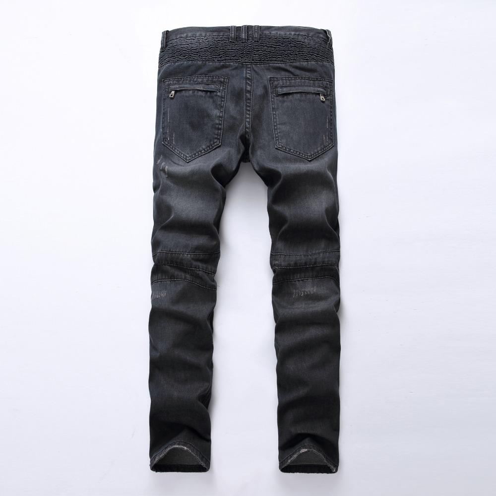 Men's Jeans Wholesale- Men's Fashion High Quality Ripped Biker Men Distressed Moto Denim Joggers Washed Pleated Pants Black Blue