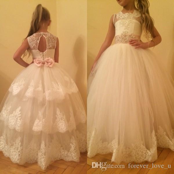 Princess Flower Girl Dresses Puffy Ball Gown Sheer Jewel Neck Beaded Crystals Lace Appliques Sleeveless Keyhole Corset Back Pink Sash, Custom made from color chart
Princess Flower Girl Dresses Puffy Ball Gown Sheer Jewel Neck Beaded Crystals Lace Appliques Sleeveless Keyhole Corset Back Pink Sash, Custom made from color chart
