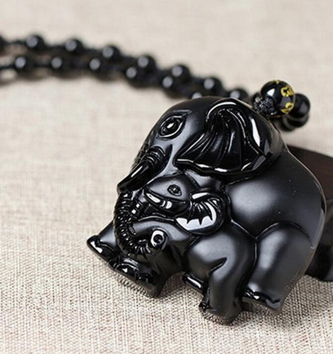 Black Obsidian Mother-Baby Elephant Pendant Necklace - Handcrafted Natural Stone Jewelry Charm for Women