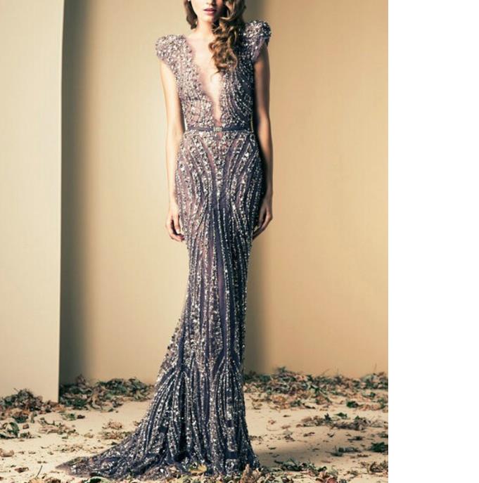 Real Images Bling Deep V Neck Mermaid Evening Gowns Beaded Vestidos Ziad Nakad Sweep Train Modest Prom Dresses High Quality Cap Sleeve