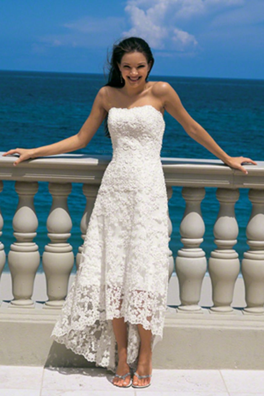 Lace Beach Wedding Dress Sheath/Column Strapless High Low Asymmetrical Backless Zipper Back Vintage Bridal Gowns