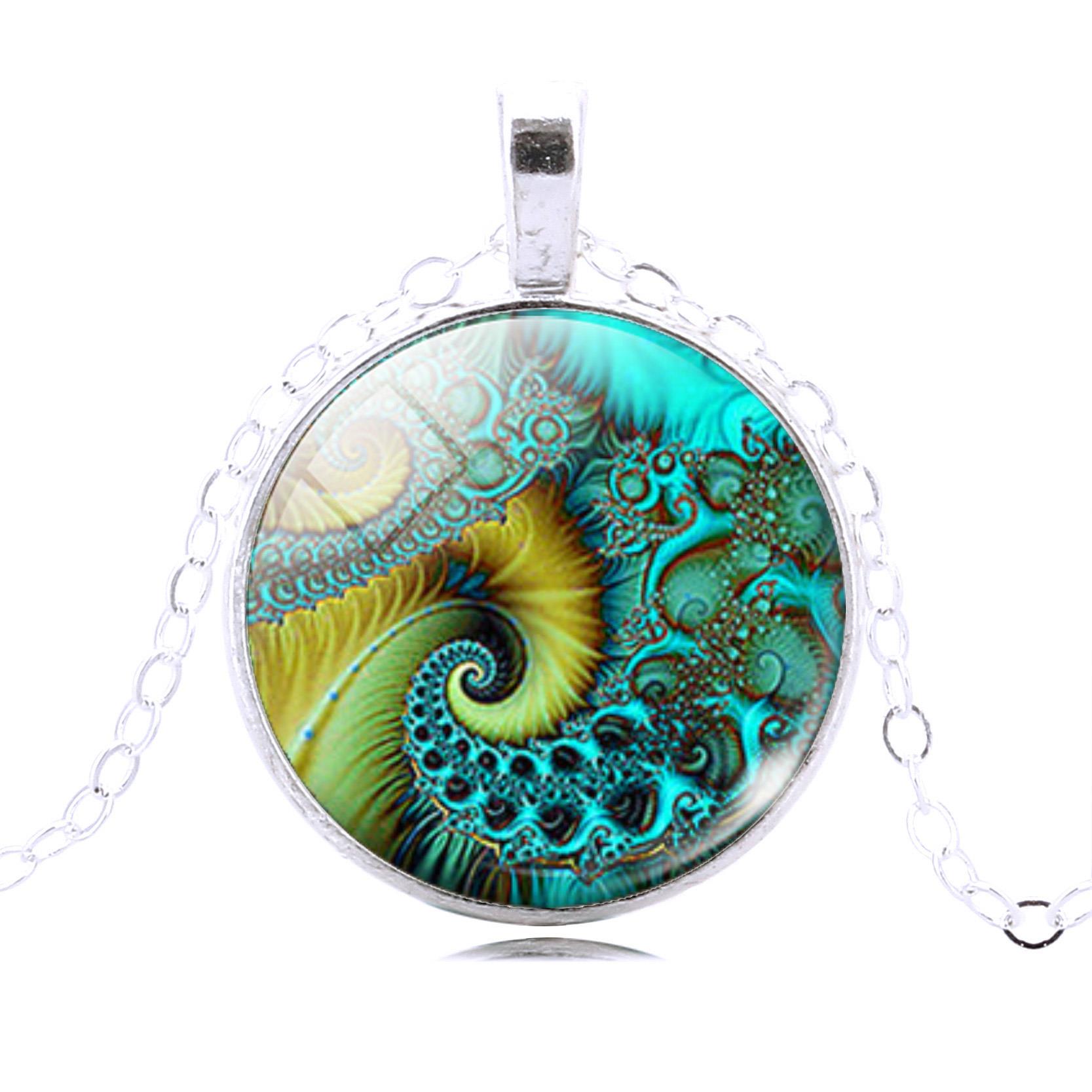 Wholesale-FIBONACCI Spiral Pendant Necklace Fractal Necklace Sacred Geometry Necklace Fashion Silver Color Statement Chain Necklace