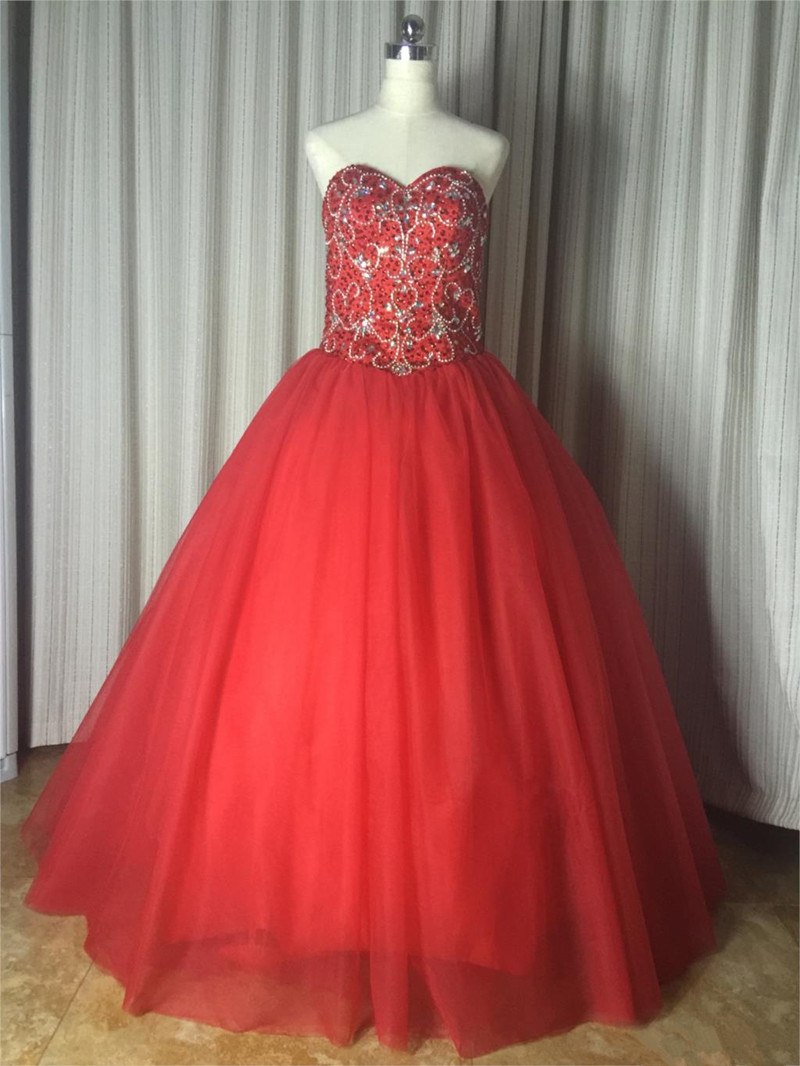 2017 Sexy Red Crystal Ball Gown Quinceanera Dresses with Beading Sequin Tulle Lace Up Sweet 16 Dresses Vestido Debutante Gowns BQ07