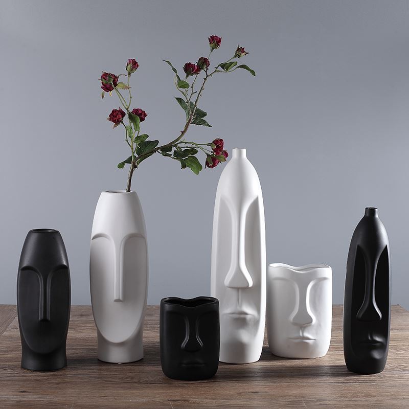 creative abstract human face shape vase for wedding decoration white and black ceramic vase Vase 04