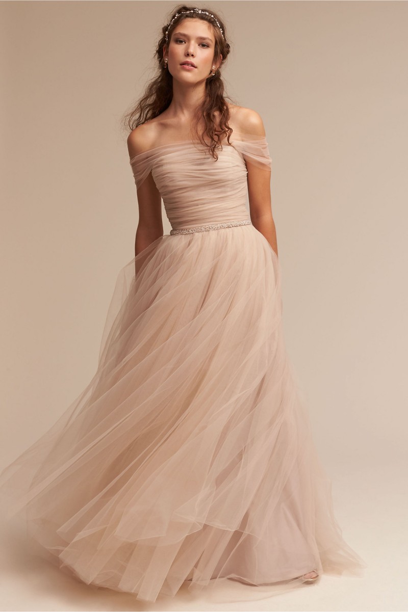 Nude BHLDN Wedding Dresses Off The Shoulder Delicate Sash Bridal Gowns Floor Length A Line Backless Wedding Gown