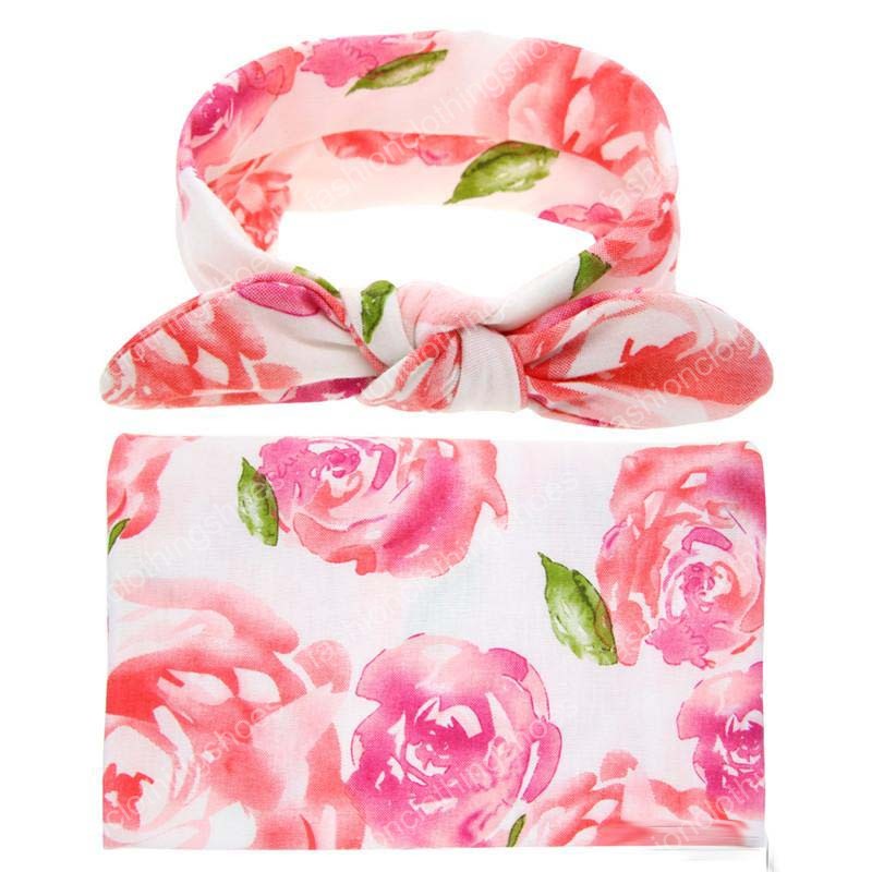 3colors New borns baby flower swaddling clothes 2pc set rabbit ears bow headband+swaddle cloth daisy rose floral printing receiving blanket