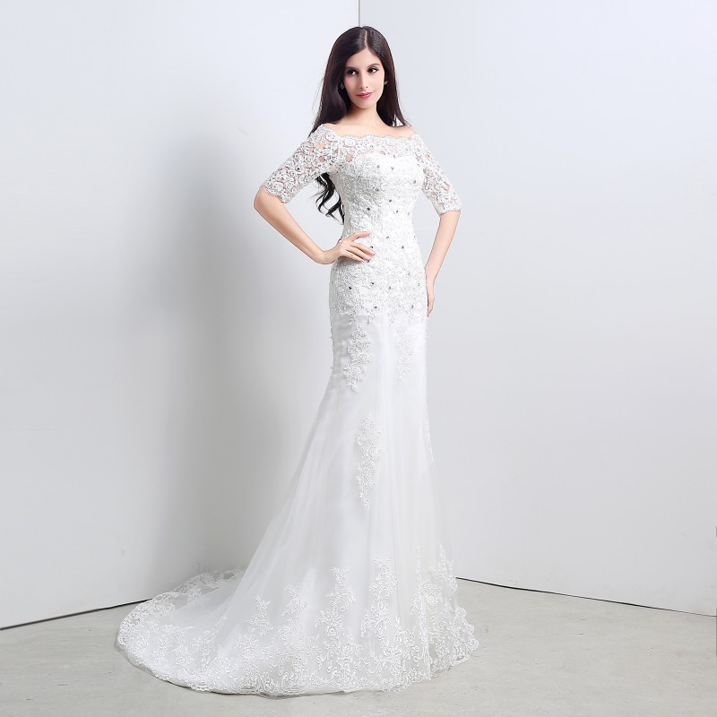 New Sexy White Cheap Mermaid Wedding Dresses 2017 Appliques Lace Up Wedding Party Bridal Gowns Stock Size 6-16 QC335
