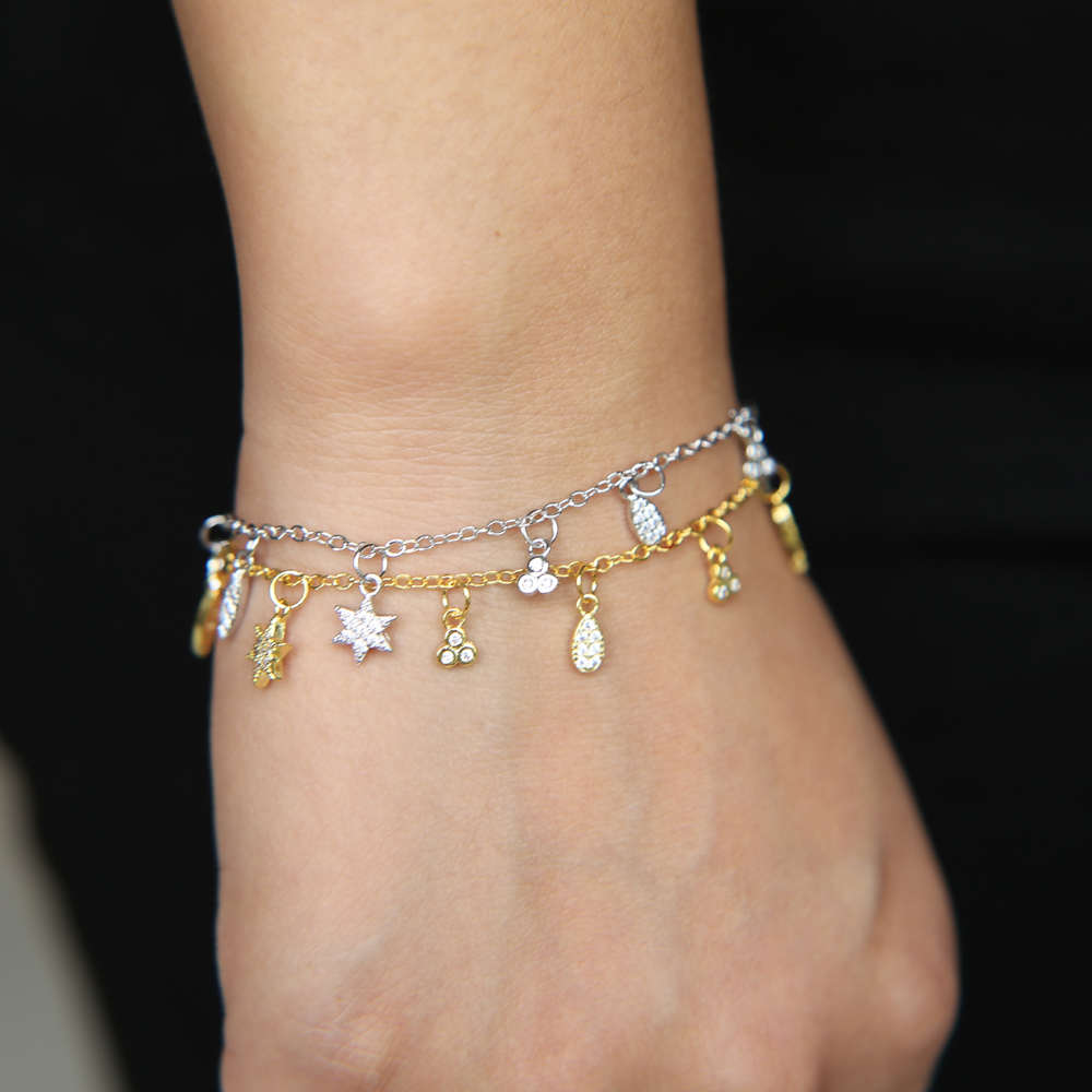 fashion jewelry delicate cz charm tiny cute girl gold chain 165cm luxury dangle charm gold plated bracelet