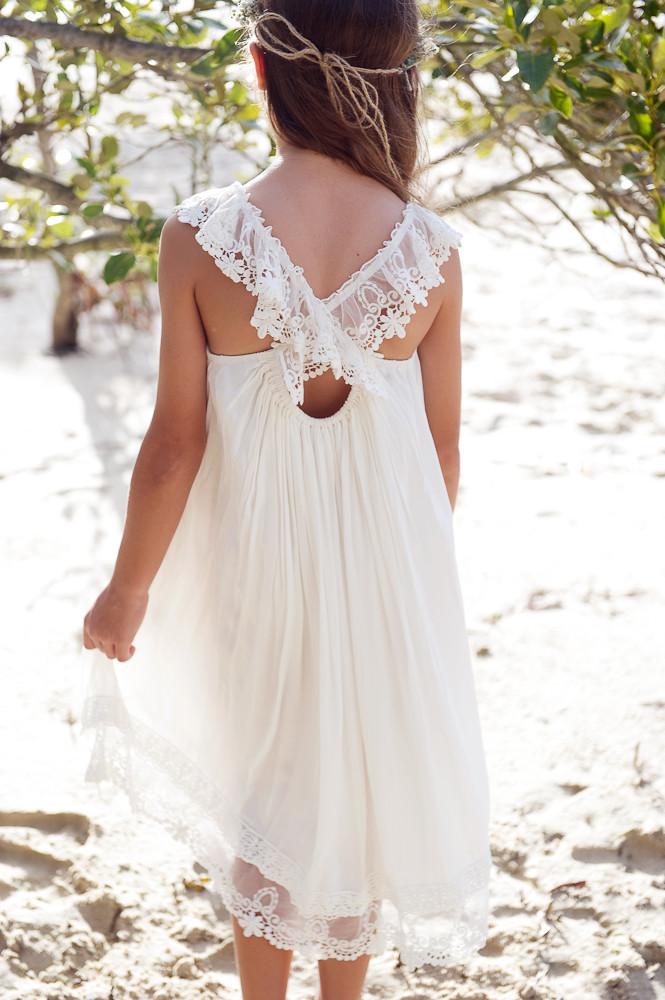 New 2017 Ivory Chiffon Tea Length Boho Beach Country Flower Girl Dresses For Weddings Cheap Square Lace Girls Casual Dress Custom EN7271