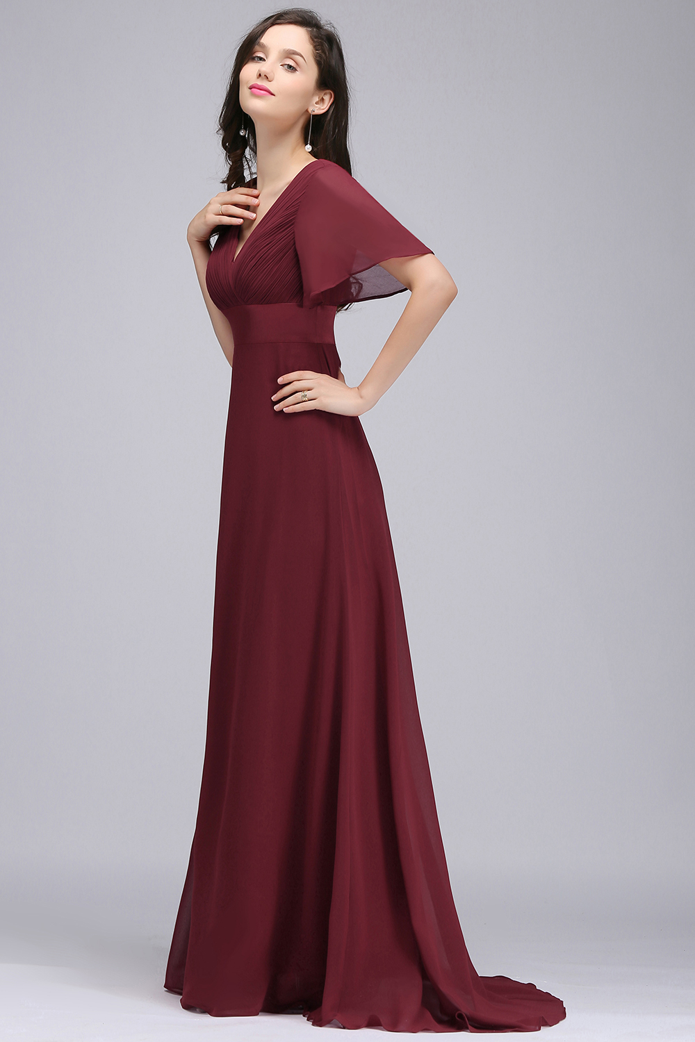 Wholesale Price Dark Red Long Chiffon Evening Dresses V Neck Low Back Flowy A Line Evening Party Gowns with Speaker Sleeves Cheap Online