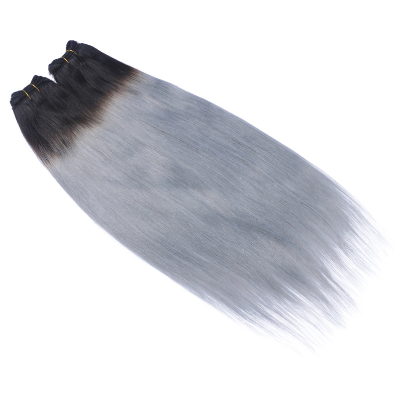 Full Head Clip In Human Hair Extensions Grey Straight Brazilian Virgin Hair Ombre Two Tone Color Dark Root To Grey Hair 120gram
