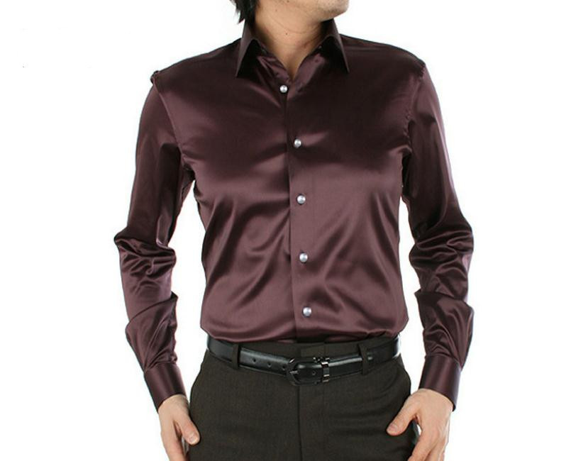Wholesale- Hot Pure Men Shirt Fashion Korea Silk Shirt Satin Mens Long Sleeve Camisa Hombre Couples Shirt Wedding Dress