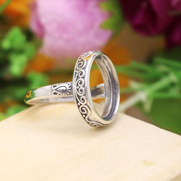 Art Nouveau 925 Sterling Silver Engagement Ring 14x17mm Oval Cabochon Semi Mount Fine Silver Ring Setting