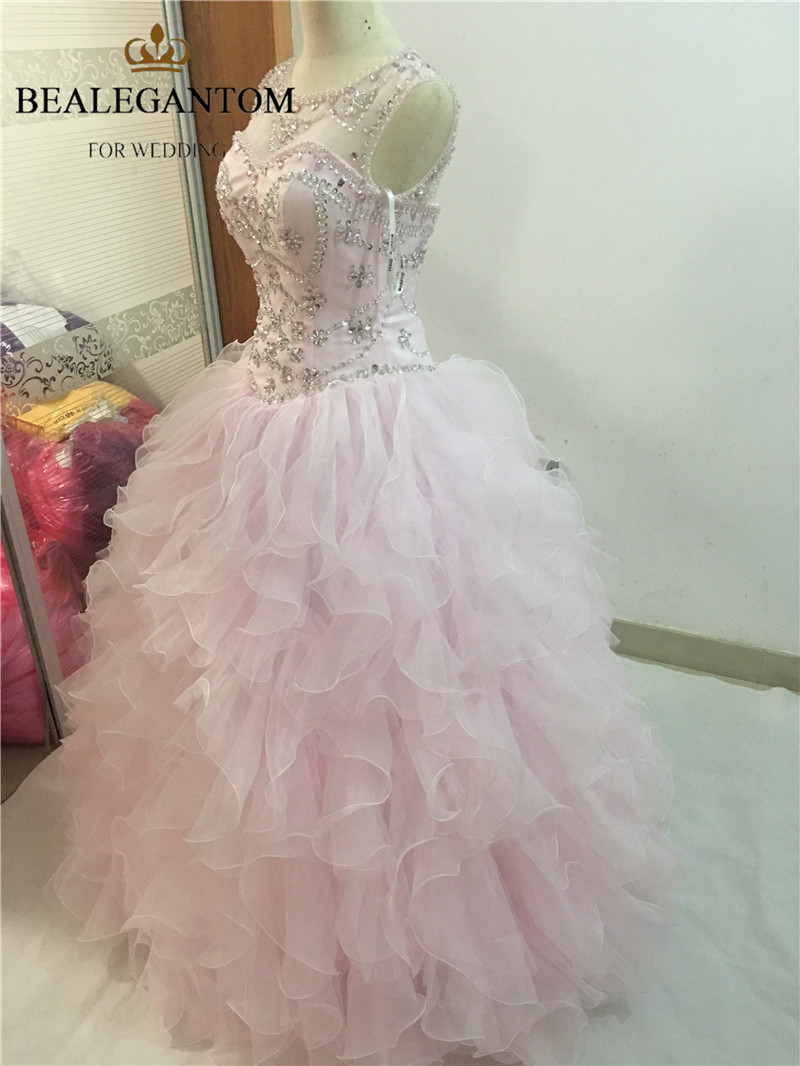 2017 Sexy Pink Backless Crystal Ball Gown Quinceanera Dresses with Sequined Beading Plus Size Sweet 16 Dresses Vestido Debutante Gowns BQ35