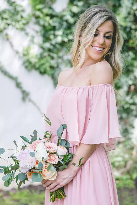 Chic 2017 Pink Chiffon Off The Shoulder Bohemian Country Bridesmaid Dresses Long Cheap Ruched Floor Length Maid Of Honor Gowns EN8086