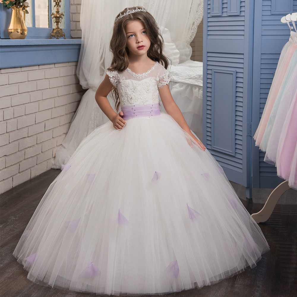 Cap Sleeves Long Lilac Flower Girls Dresses Children Beaded Applique Glitz Pageant Ball Gown White and Purple Lace Prom Dress
