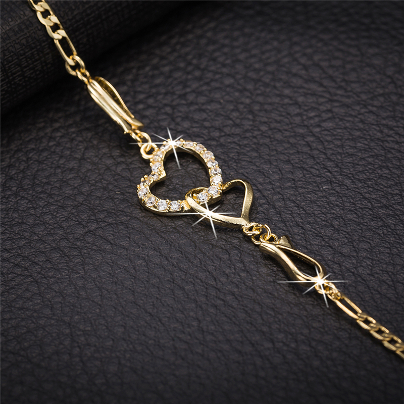 Women Sweet Design Yellow Gold Plated CZ Double Hearts Anklets Bracelet Chain Bride for Wedding Party