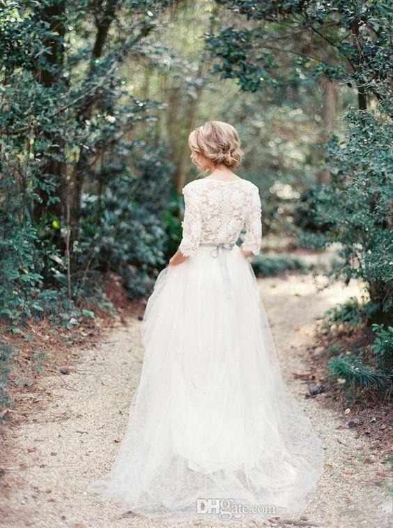Garden Bohemian Dresses Country Boho Lace Wedding Half Long Sleeve Deep V Neck Bridal Gowns Puffy Tulle Skirt Custom Made 0510