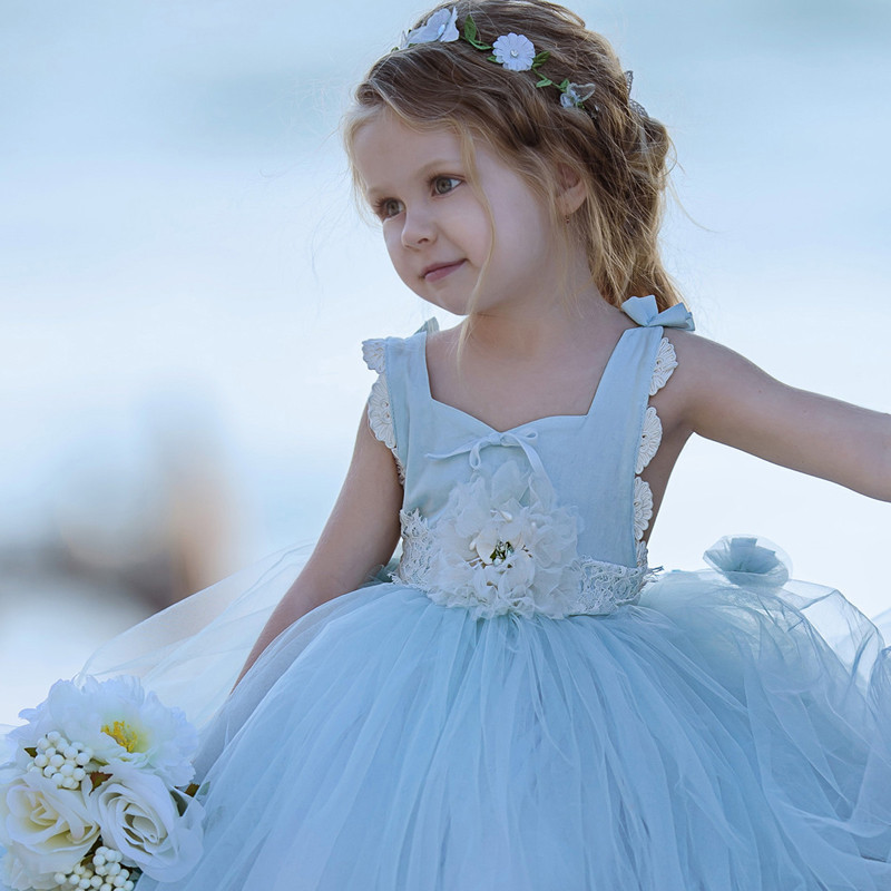 Lovely Baby Blue Princess High Low Girls Dresses Spaghetti Strap Hand Flower First Communion Gown Tulle Pageant Dress For Children 326 326