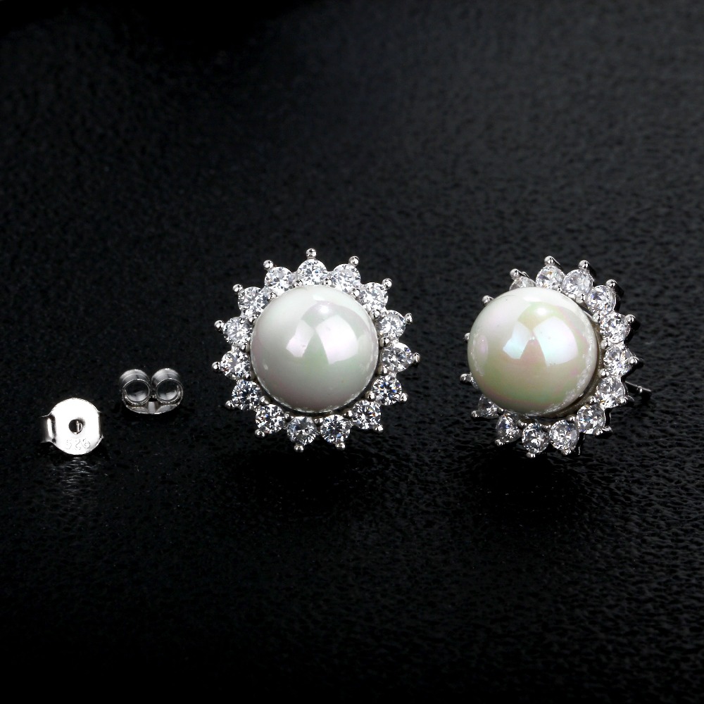 925 Sterling Silver Stud Earrings Classic 10mm Simulated Pearl With Cubic Zirconia Earrings For Women ( EA101781) 17401