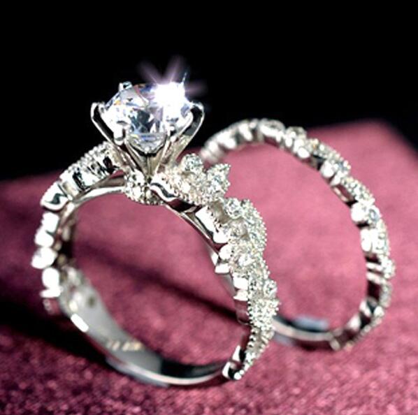 Sterg Sier Wedding Bridal Leaf Ring Set: Elegant Round Cubic Zirconia Crystal Gemstones