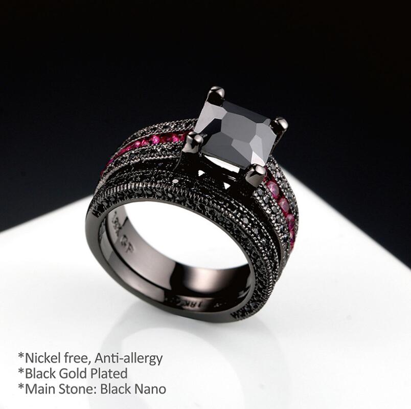 His & Hers Couple Rings Set: Black Gold Filled Sapphire Gemstones Wedding Set