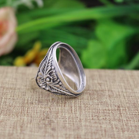 Antique Vintage Art Deco 17x24mm Oval Cabochon Semi Mount Engagement Ring Flower Fine Jewelry Fine Silver Wedding Ring Setting