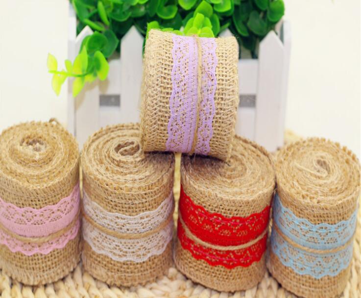 2Meter/Pcs Width 5cm Jute Burlap Rolls Hessian Ribbon With Lace Vintage Rustic Wedding Decoration DIY Ornament Burlap Wedding Favor WQ24