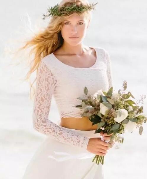 Simple 2017 Boho Beach Wedding Dresses Two Pieces Cheap Scoop Illusion Long Sleeves Lace And Chiffon Ankle Length Bridal Gowns Casual EN7245