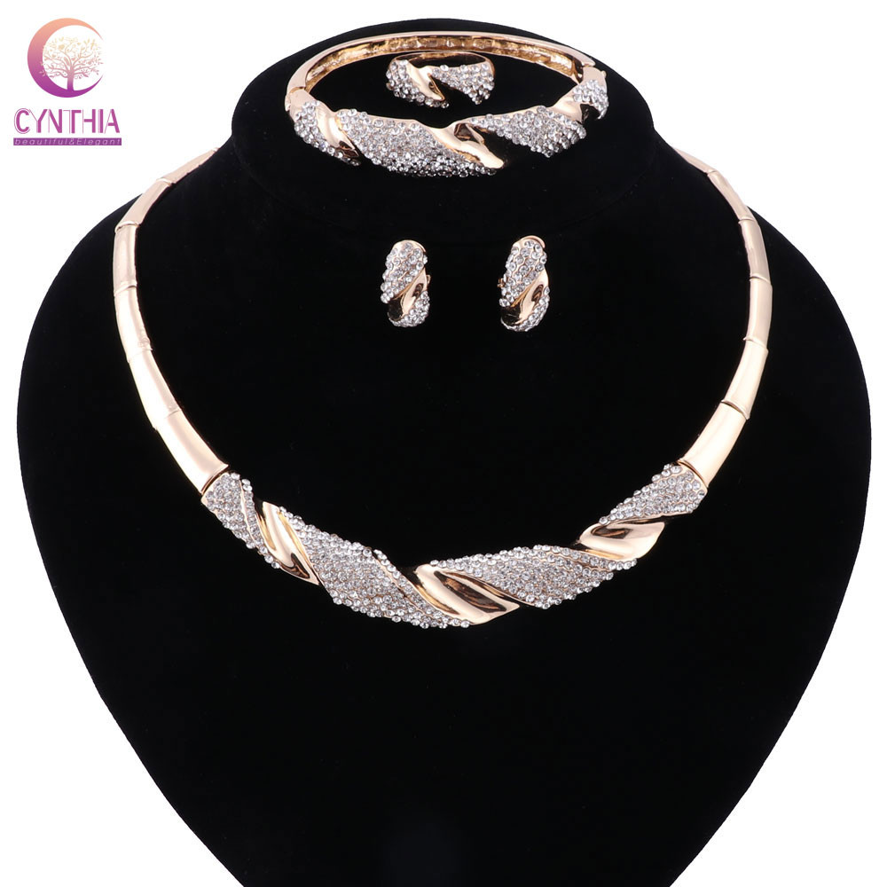 2 Colors Gold Silver Plated Women Statement Necklace Bracelet Ring Earrings For Party Wedding Jewelry Sets