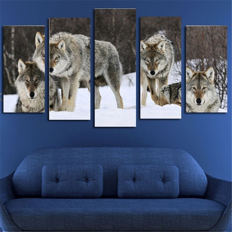 5Panel Modern Animal Four wolves Oil Painting on Canvas for Living Room Wall Art Gift Decoration Home No Frame