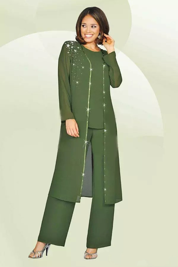 Green Plus Size Mother Of The Bride Pants Suit With Long Jacket For Weddings Mother's Groom Outfit Beads Wedding Guest Dress