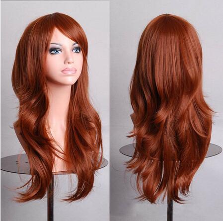 Women 28" Brown Long Curly Synthetic Cosplay Wigs For Party Christmas High Temperature Fiber Hair Purple Red Green