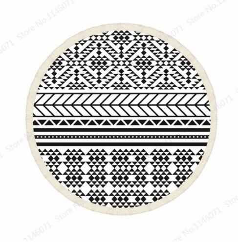 Geometric Print Beach Towel With Tassel Round Swimming Bath Towel Black White Gypsy Tapestry Wall Hanging Throw Towel Picnic Mat