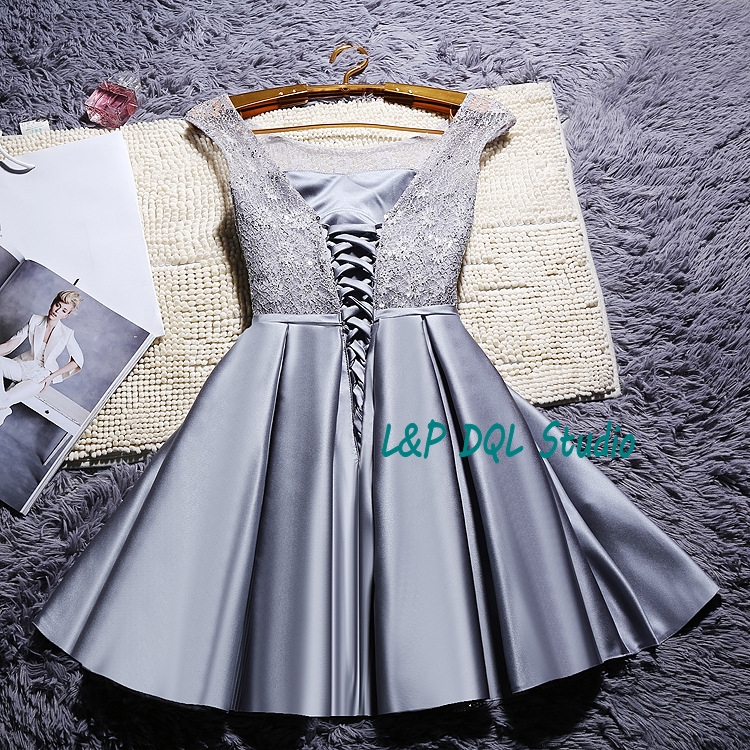 silver gray party dresses arrival real photos satin with lace prom gowns kneelength red royal blue champagne red cocktail dress