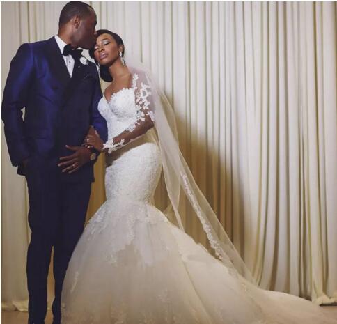 African Plus Size Dresses Off The Shoulder Long Sleeves Appliques Lace Custom Made Mermaid Wedding Gowns Cheap Bridal Dress