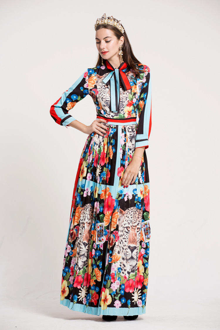 Women's O Neck Long Sleeves Bow Detailing Floral Printed Striped Pleated Elegant Maxi Runway Dresses